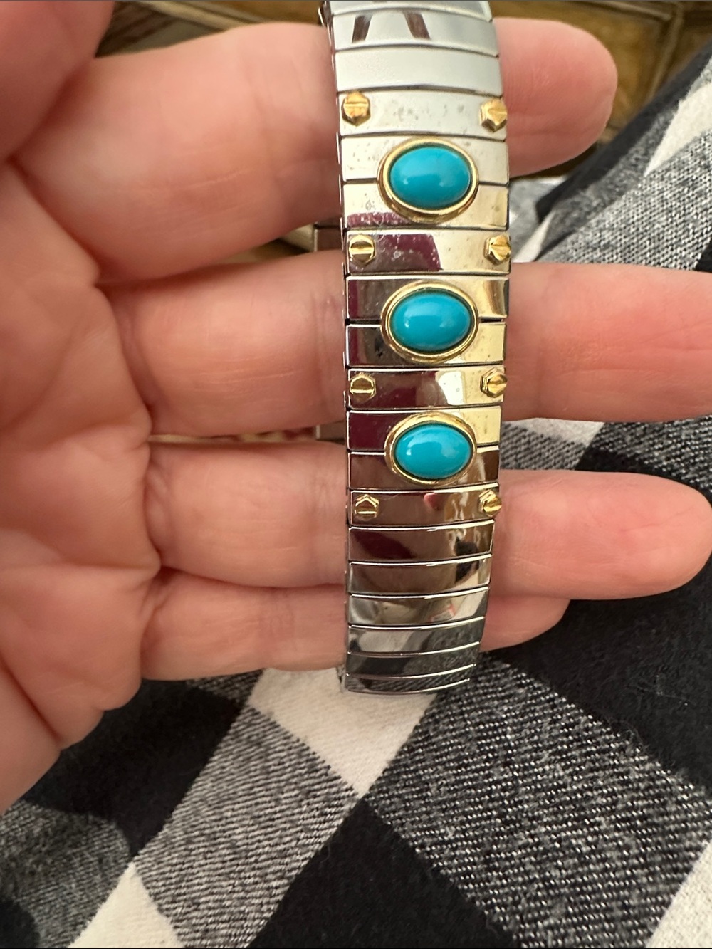 Milor Silver Stretch Bracelet with Turquoise Blue Cabochons and Gold Accents